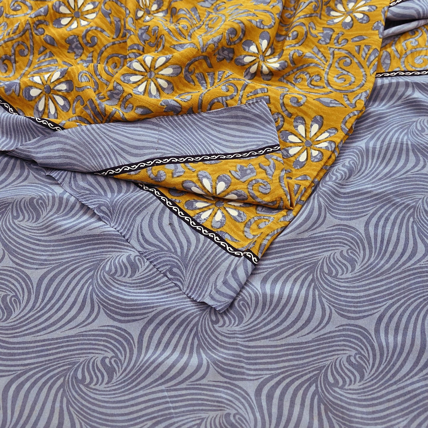 Indian Vintage Sari Gray & Mustard Pure Crepe Silk Printed Sarees 5yd Sewing Soft Craft Fabric Wrap Dress Making Crafting Quilting Upcycle