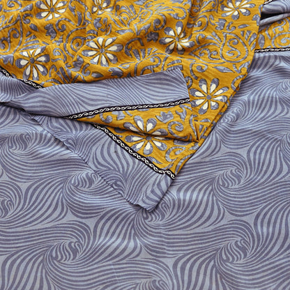 Indian Vintage Sari Gray & Mustard Pure Crepe Silk Printed Sarees 5yd Sewing Soft Craft Fabric Wrap Dress Making Crafting Quilting Upcycle
