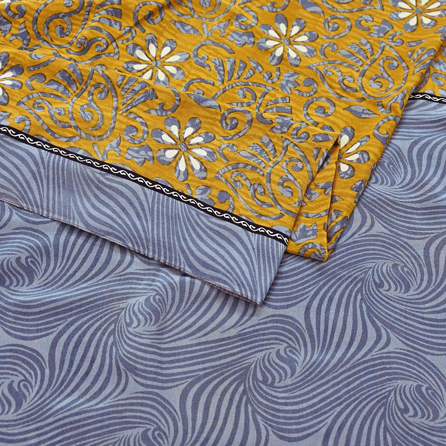 Indian Vintage Sari Gray & Mustard Pure Crepe Silk Printed Sarees 5yd Sewing Soft Craft Fabric Wrap Dress Making Crafting Quilting Upcycle