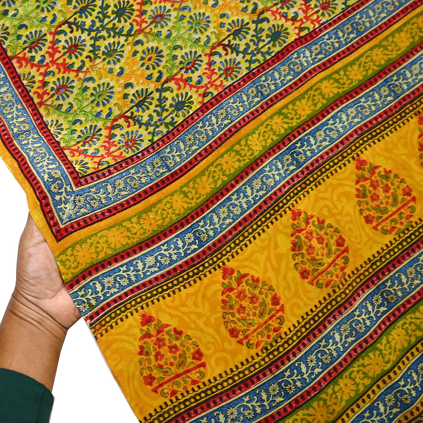 Indian Vintage Sari Saffron Pure Crepe Silk Block Printed Saree 5yd Sewing Floral Soft Craft Fabric Wrap Dress making Upcycle For Crafting