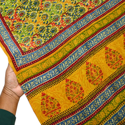 Indian Vintage Sari Saffron Pure Crepe Silk Block Printed Saree 5yd Sewing Floral Soft Craft Fabric Wrap Dress making Upcycle For Crafting