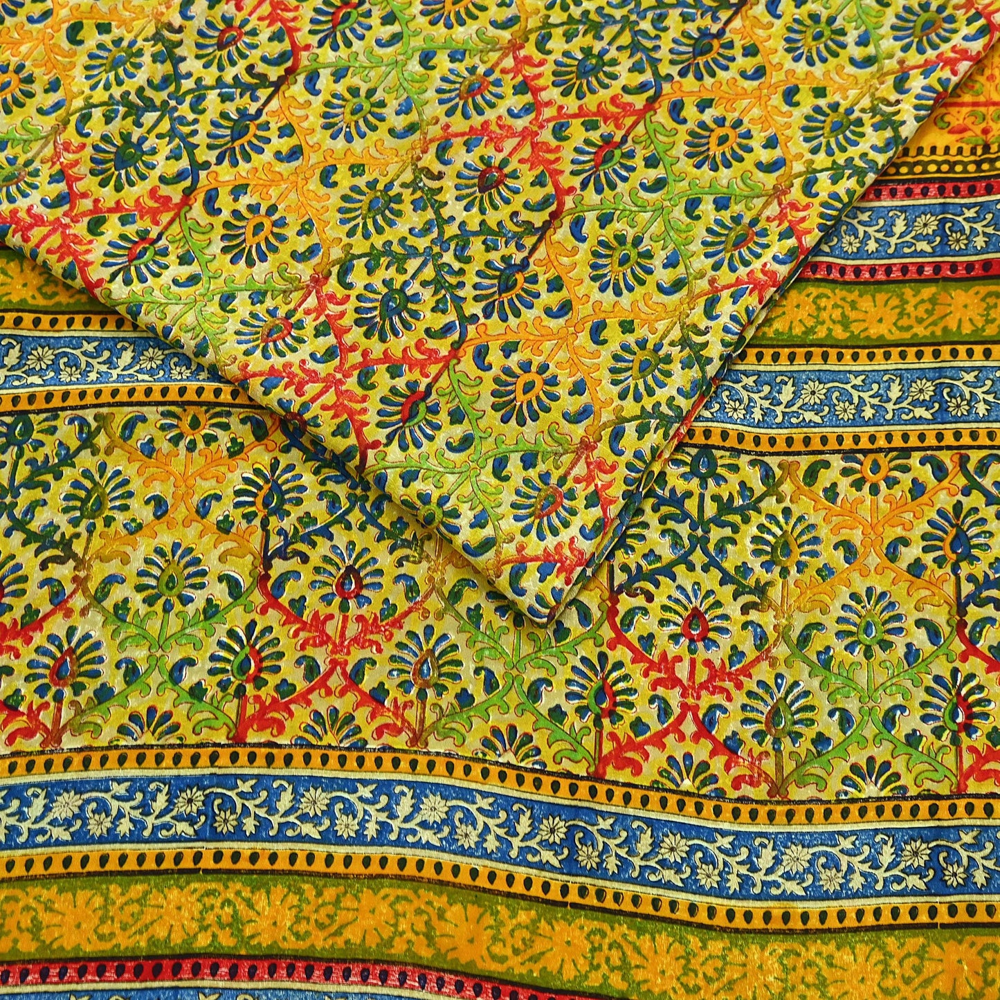 Indian Vintage Sari Saffron Pure Crepe Silk Block Printed Saree 5yd Sewing Floral Soft Craft Fabric Wrap Dress making Upcycle For Crafting