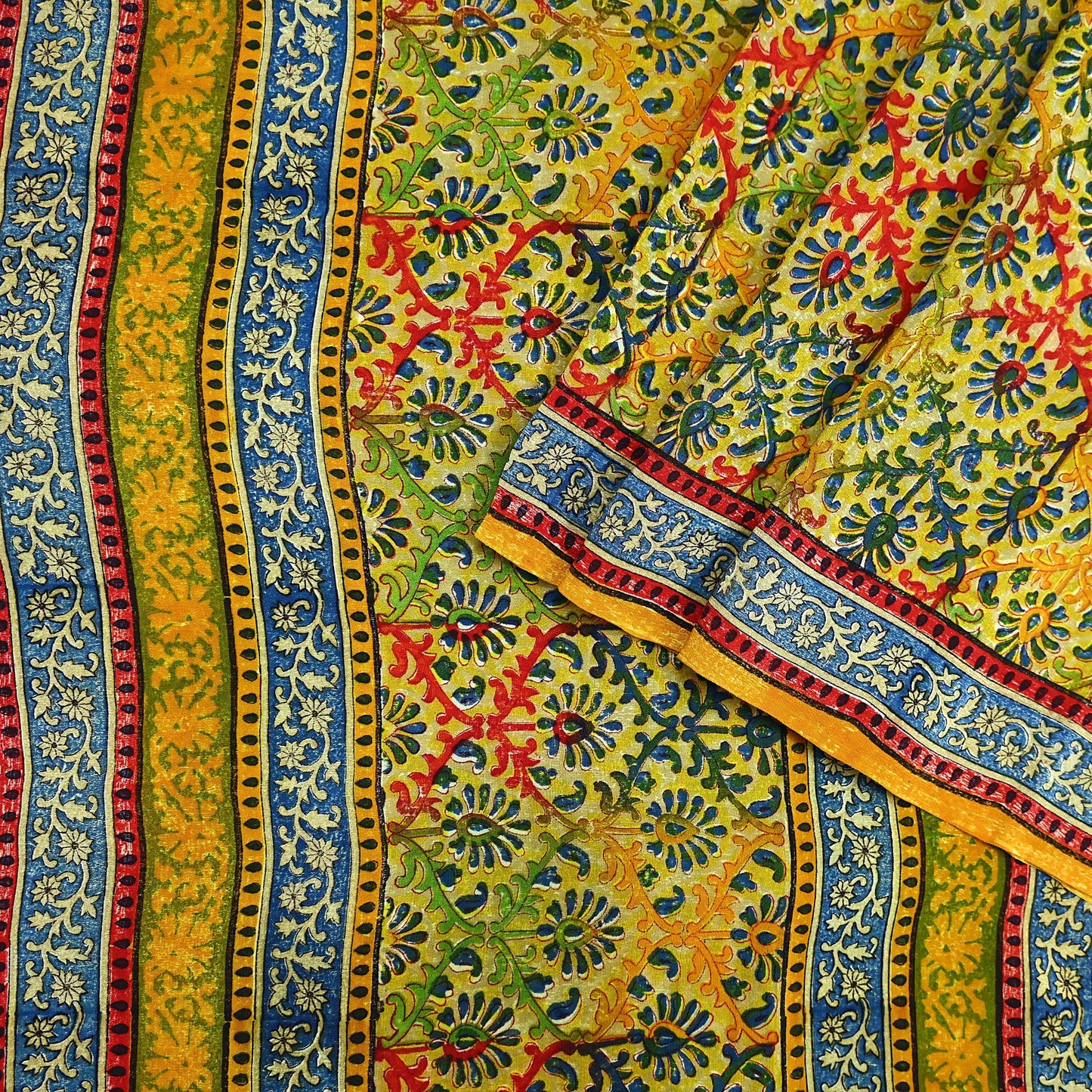 Indian Vintage Sari Saffron Pure Crepe Silk Block Printed Saree 5yd Sewing Floral Soft Craft Fabric Wrap Dress making Upcycle For Crafting