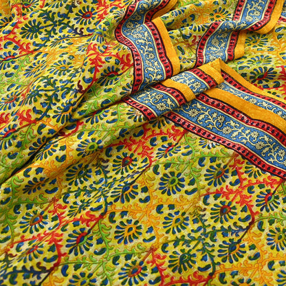 Indian Vintage Sari Saffron Pure Crepe Silk Block Printed Saree 5yd Sewing Floral Soft Craft Fabric Wrap Dress making Upcycle For Crafting