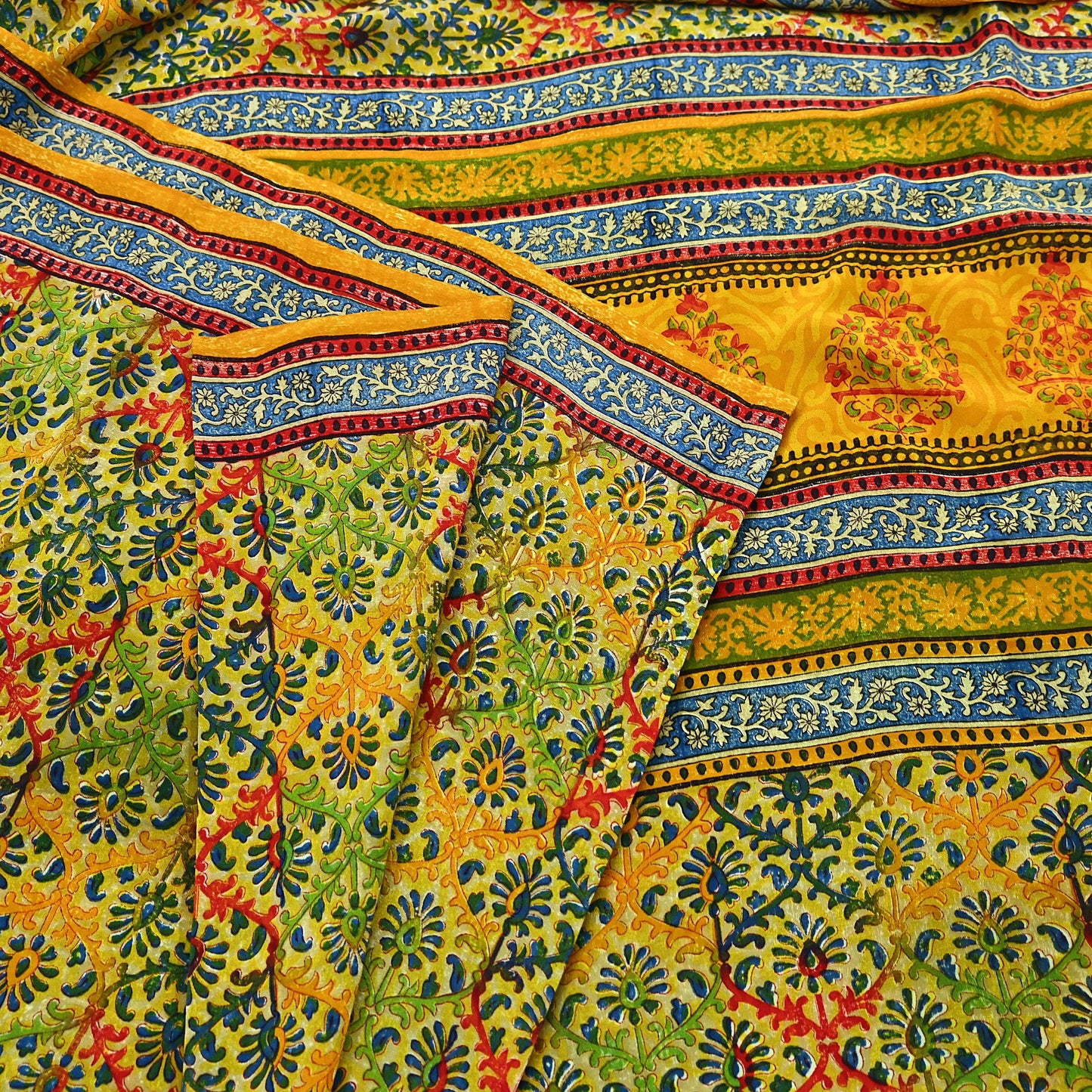 Indian Vintage Sari Saffron Pure Crepe Silk Block Printed Saree 5yd Sewing Floral Soft Craft Fabric Wrap Dress making Upcycle For Crafting