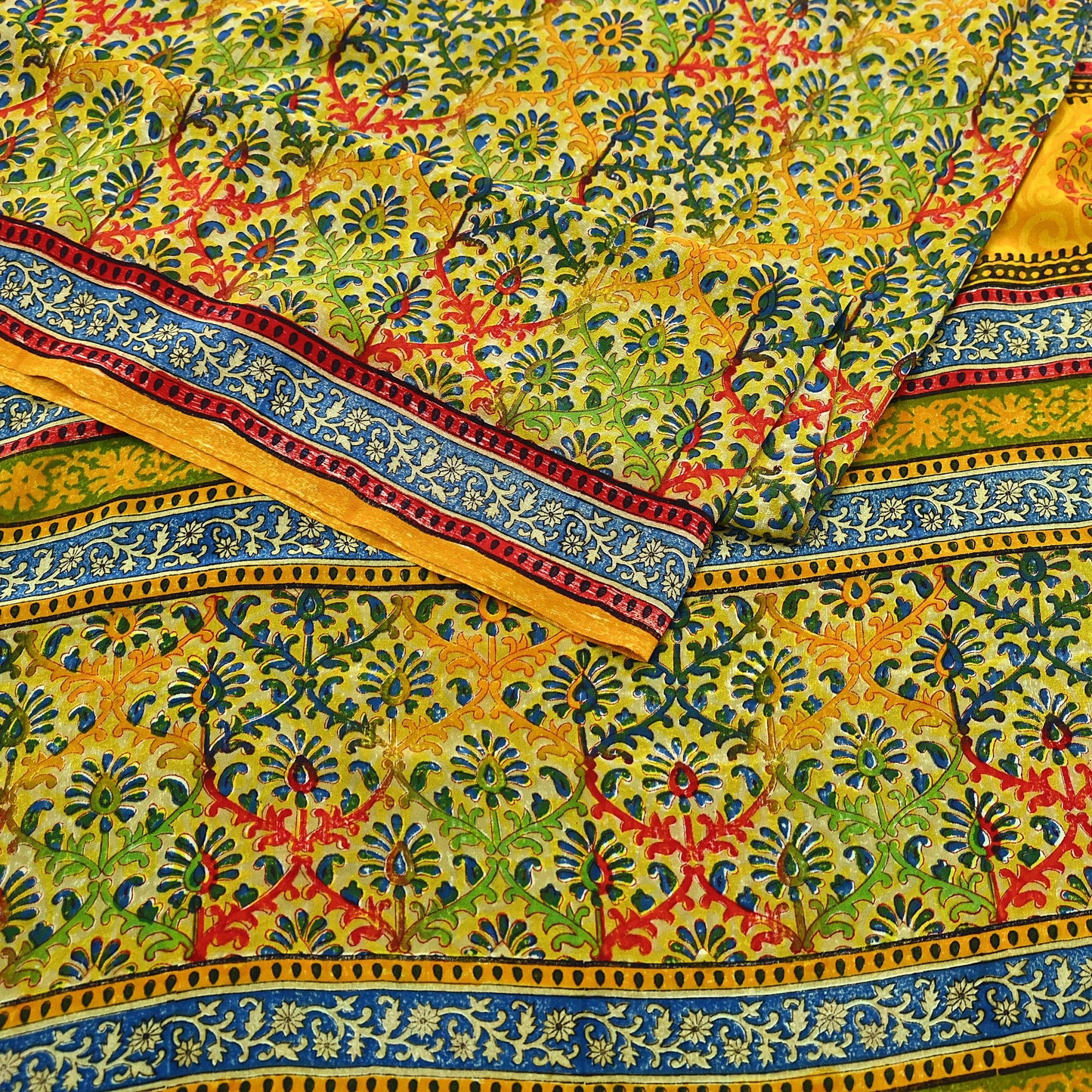 Indian Vintage Sari Saffron Pure Crepe Silk Block Printed Saree 5yd Sewing Floral Soft Craft Fabric Wrap Dress making Upcycle For Crafting