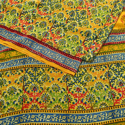 Indian Vintage Sari Saffron Pure Crepe Silk Block Printed Saree 5yd Sewing Floral Soft Craft Fabric Wrap Dress making Upcycle For Crafting