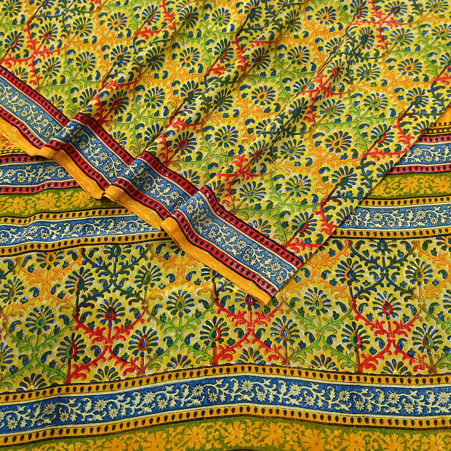 Indian Vintage Sari Saffron Pure Crepe Silk Block Printed Saree 5yd Sewing Floral Soft Craft Fabric Wrap Dress making Upcycle For Crafting