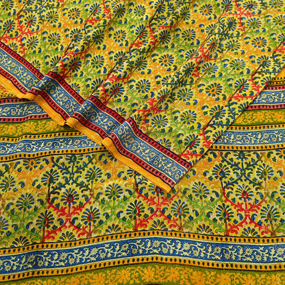 Indian Vintage Sari Saffron Pure Crepe Silk Block Printed Saree 5yd Sewing Floral Soft Craft Fabric Wrap Dress making Upcycle For Crafting