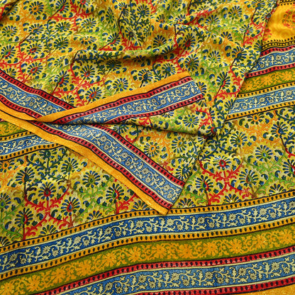 Indian Vintage Sari Saffron Pure Crepe Silk Block Printed Saree 5yd Sewing Floral Soft Craft Fabric Wrap Dress making Upcycle For Crafting