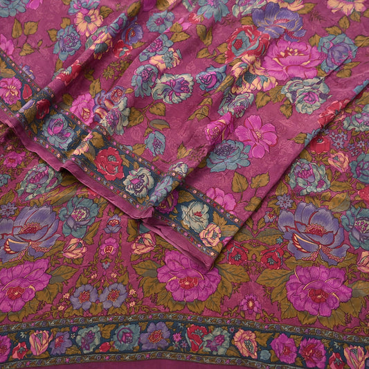 Indian Vintage Sari Maroon Pure Crepe Silk Printed Saree 5yard Sewing Quilting Floral Soft Craft Fabric Wrap