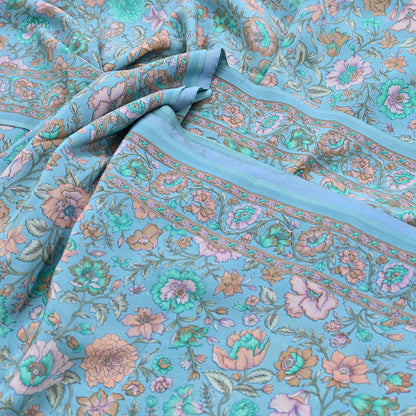 Indian Vintage Sari Blue Pure Crepe Silk Printed Saree 5yard Sewing Quilting Floral Soft Craft Fabric Wrap