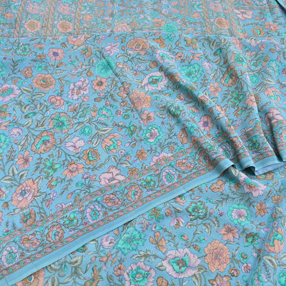 Indian Vintage Sari Blue Pure Crepe Silk Printed Saree 5yard Sewing Quilting Floral Soft Craft Fabric Wrap