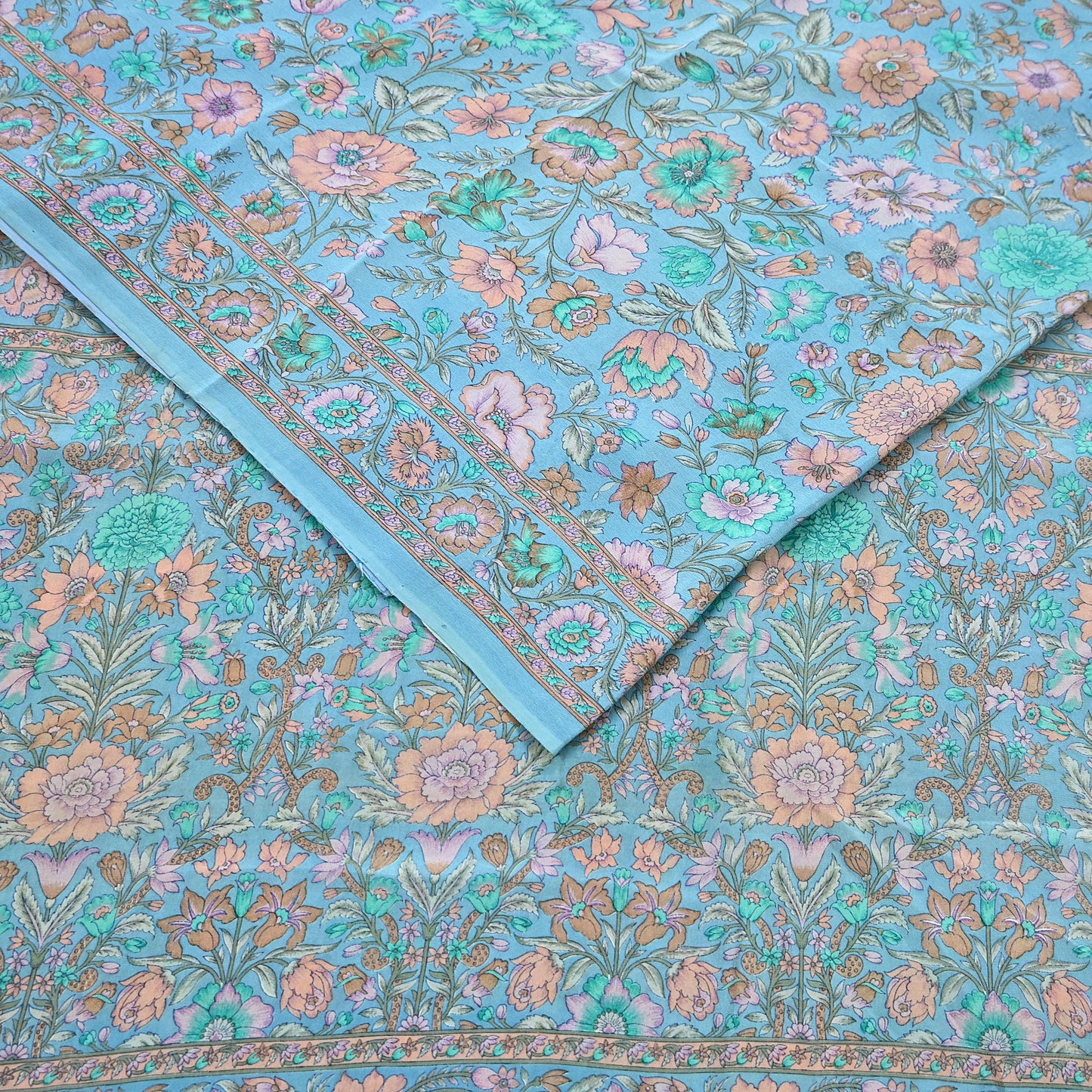 Indian Vintage Sari Blue Pure Crepe Silk Printed Saree 5yard Sewing Quilting Floral Soft Craft Fabric Wrap