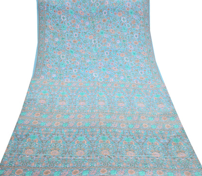 Indian Vintage Sari Blue Pure Crepe Silk Printed Saree 5yard Sewing Quilting Floral Soft Craft Fabric Wrap