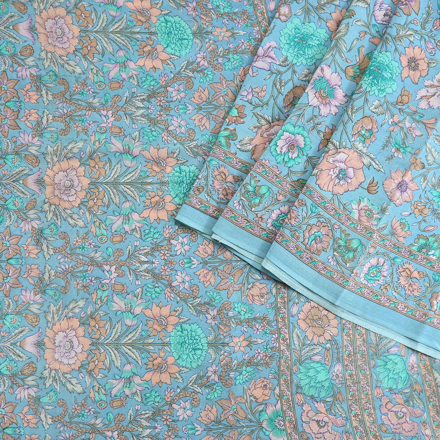 Indian Vintage Sari Blue Pure Crepe Silk Printed Saree 5yard Sewing Quilting Floral Soft Craft Fabric Wrap