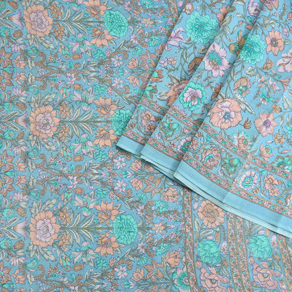 Indian Vintage Sari Blue Pure Crepe Silk Printed Saree 5yard Sewing Quilting Floral Soft Craft Fabric Wrap