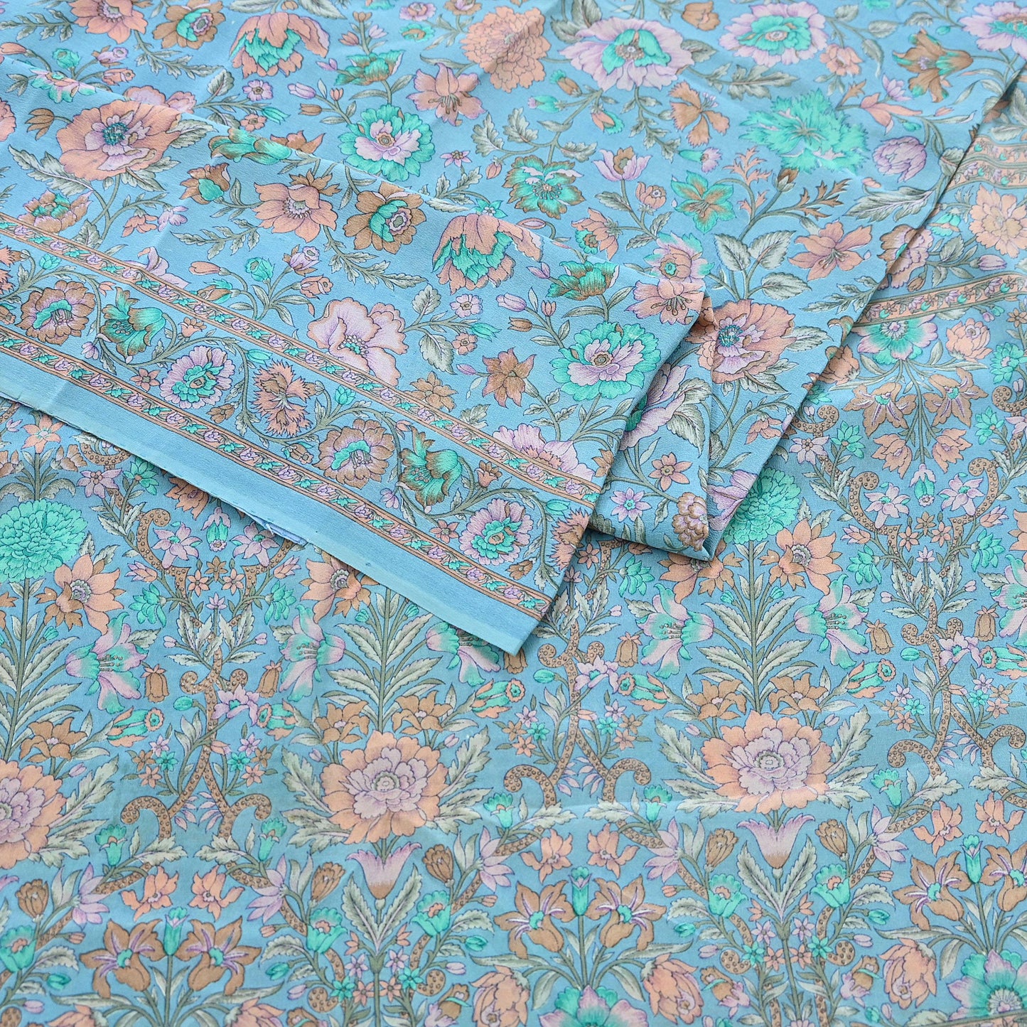 Indian Vintage Sari Blue Pure Crepe Silk Printed Saree 5yard Sewing Quilting Floral Soft Craft Fabric Wrap