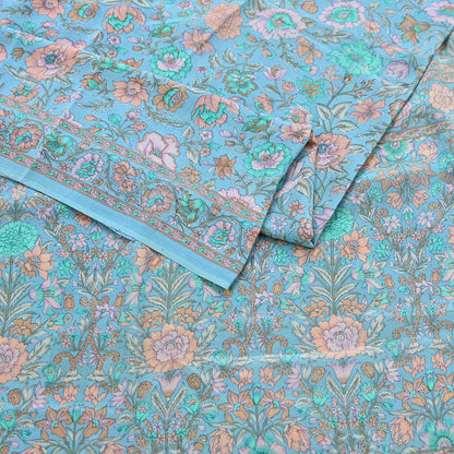 Indian Vintage Sari Blue Pure Crepe Silk Printed Saree 5yard Sewing Quilting Floral Soft Craft Fabric Wrap