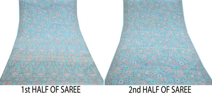 Indian Vintage Sari Blue Pure Crepe Silk Printed Saree 5yard Sewing Quilting Floral Soft Craft Fabric Wrap
