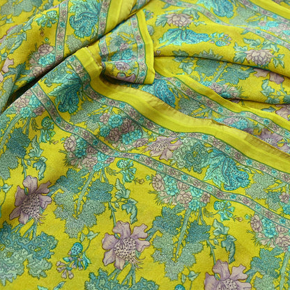 Indian Vintage Green Saree 100% Pure Georgette Silk Printed Sari Sewing 5yd Craft Fabric Dress Designing for Dress making