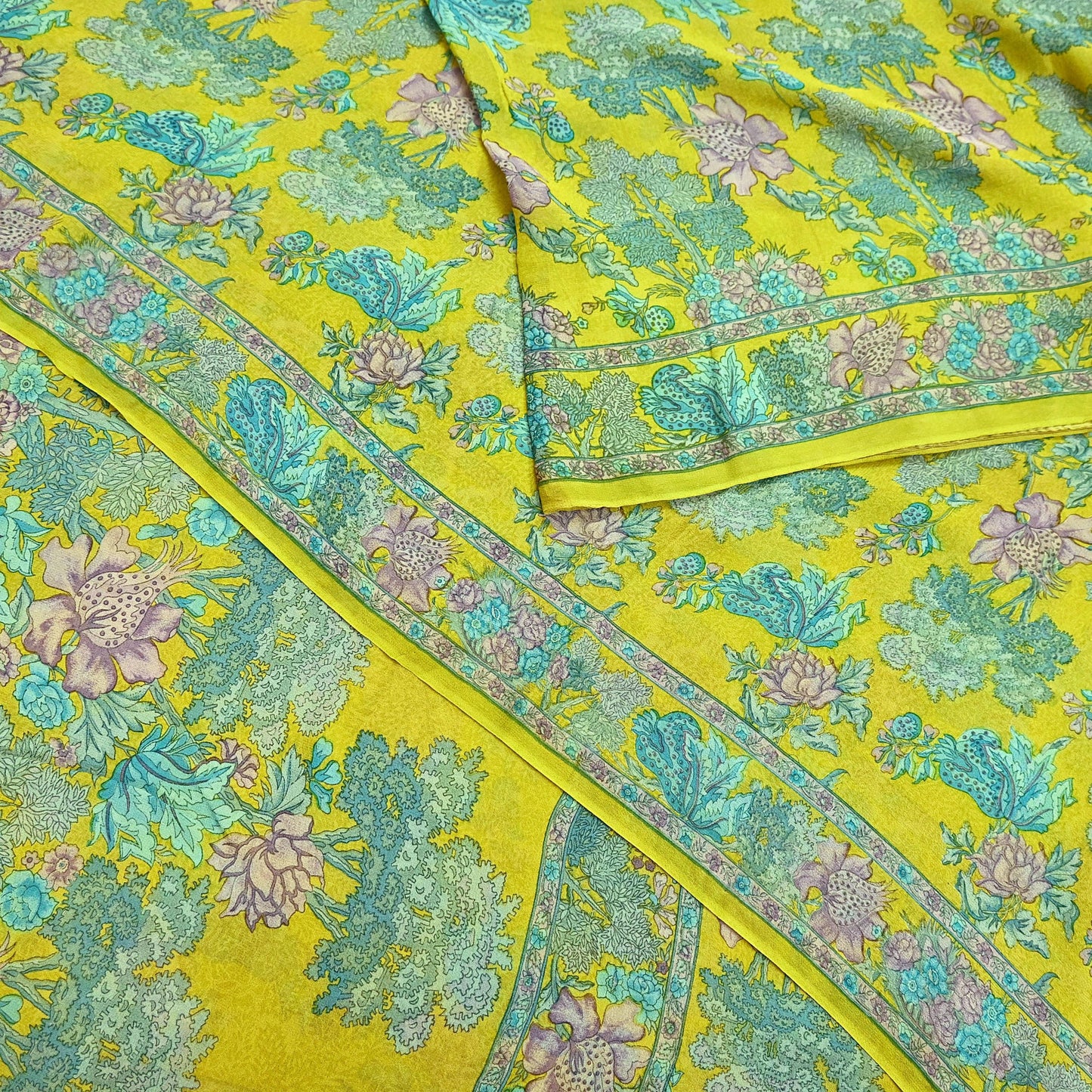 Indian Vintage Green Saree 100% Pure Georgette Silk Printed Sari Sewing 5yd Craft Fabric Dress Designing for Dress making