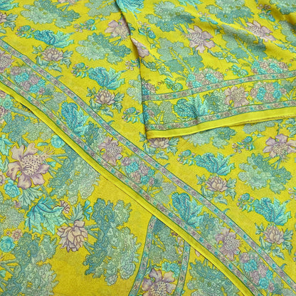Indian Vintage Green Saree 100% Pure Georgette Silk Printed Sari Sewing 5yd Craft Fabric Dress Designing for Dress making