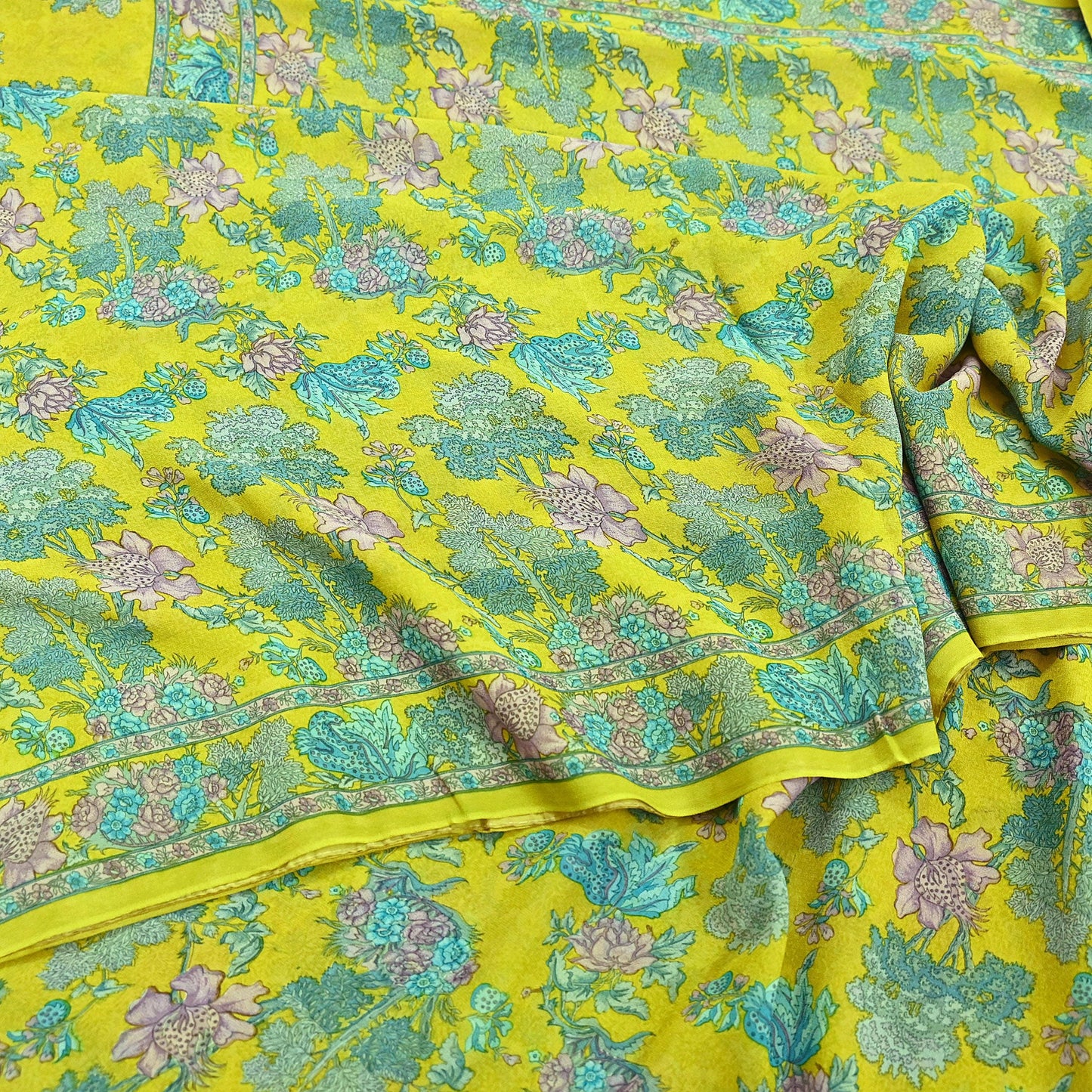 Indian Vintage Green Saree 100% Pure Georgette Silk Printed Sari Sewing 5yd Craft Fabric Dress Designing for Dress making