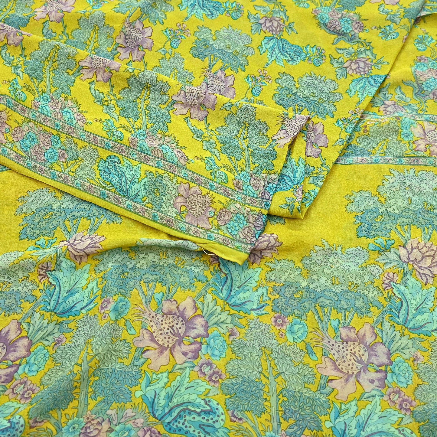 Indian Vintage Green Saree 100% Pure Georgette Silk Printed Sari Sewing 5yd Craft Fabric Dress Designing for Dress making