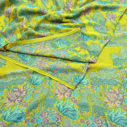 Indian Vintage Green Saree 100% Pure Georgette Silk Printed Sari Sewing 5yd Craft Fabric Dress Designing for Dress making