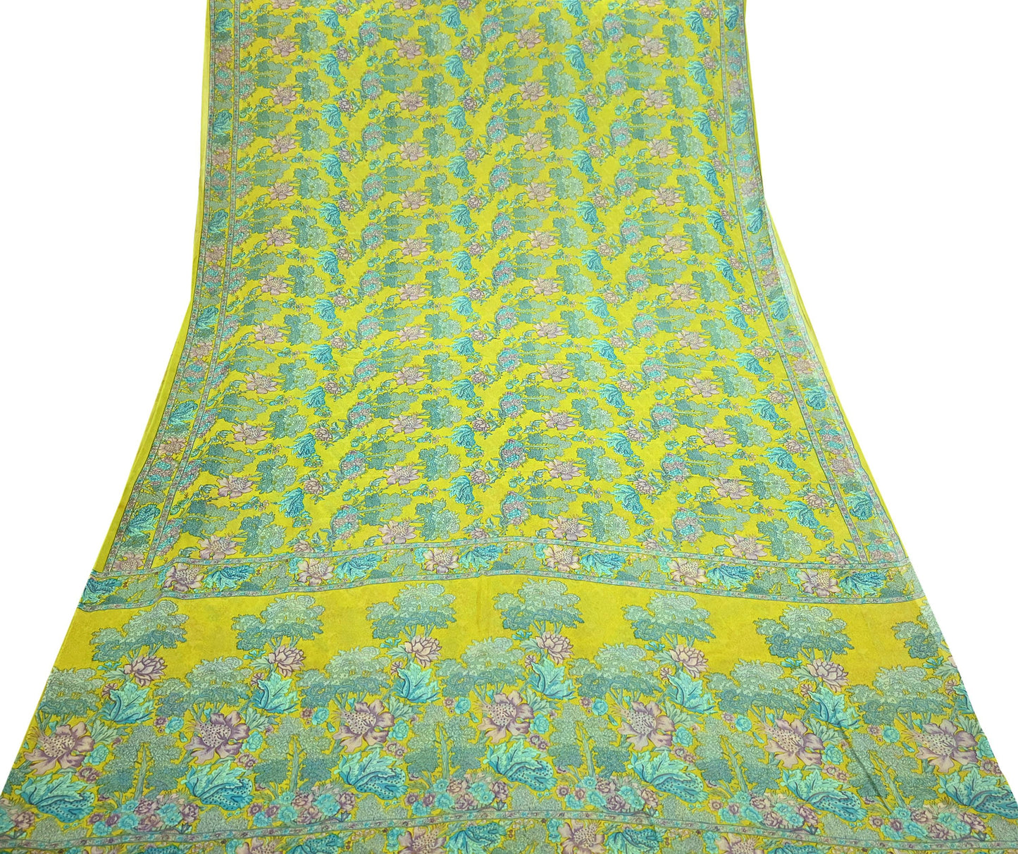 Indian Vintage Green Saree 100% Pure Georgette Silk Printed Sari Sewing 5yd Craft Fabric Dress Designing for Dress making