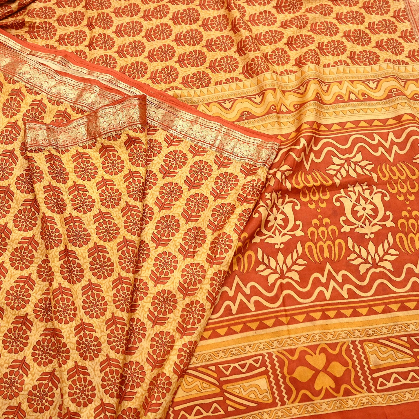 Vintage Beige & Orange Pure Silk Saree Indian Printed Silk Fabric 5 Yards Boho Craft Material for Sewing, Quilting, Dressmaking, Upcycling