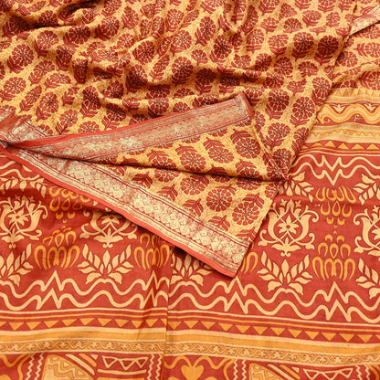 Vintage Beige & Orange Pure Silk Saree Indian Printed Silk Fabric 5 Yards Boho Craft Material for Sewing, Quilting, Dressmaking, Upcycling