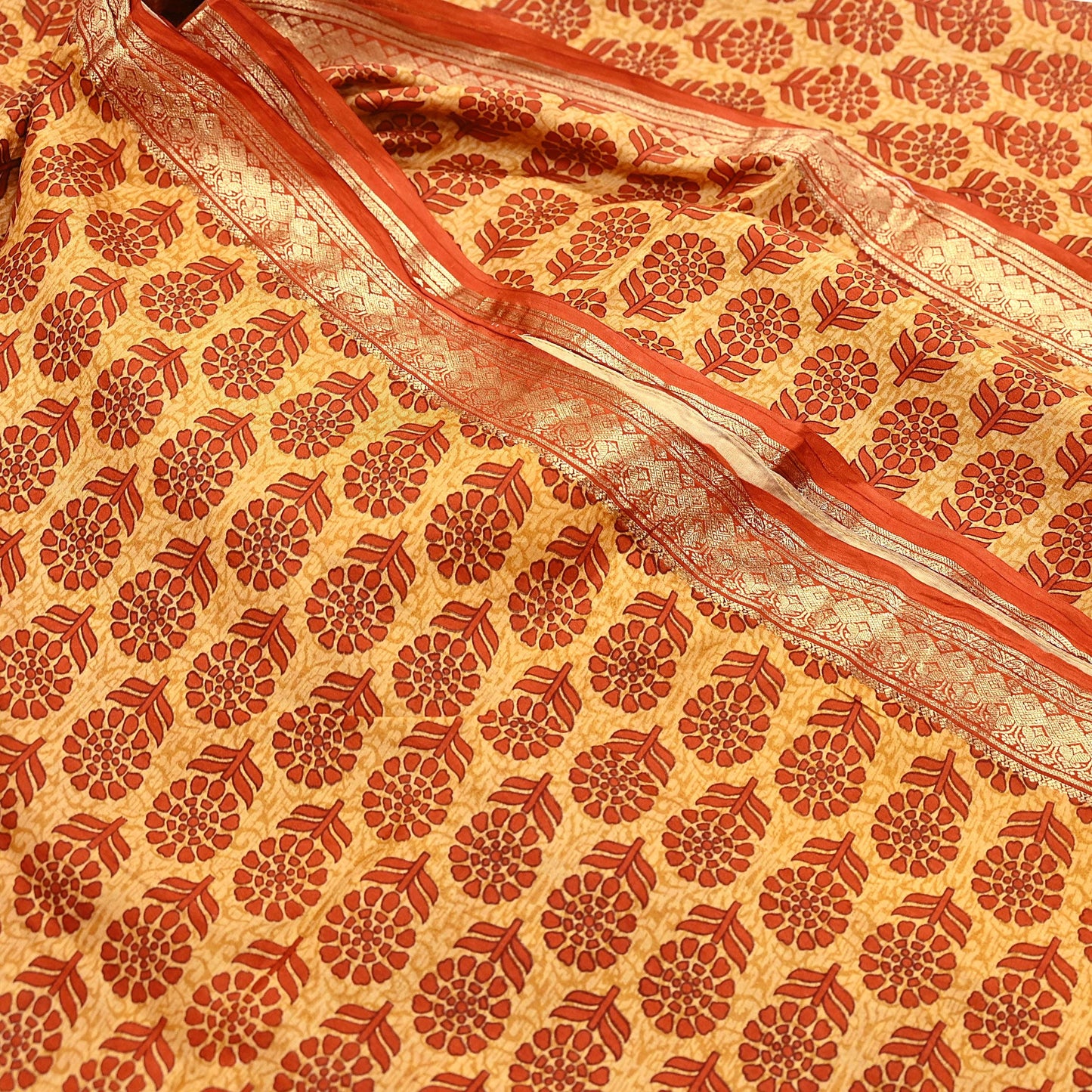 Vintage Beige & Orange Pure Silk Saree Indian Printed Silk Fabric 5 Yards Boho Craft Material for Sewing, Quilting, Dressmaking, Upcycling