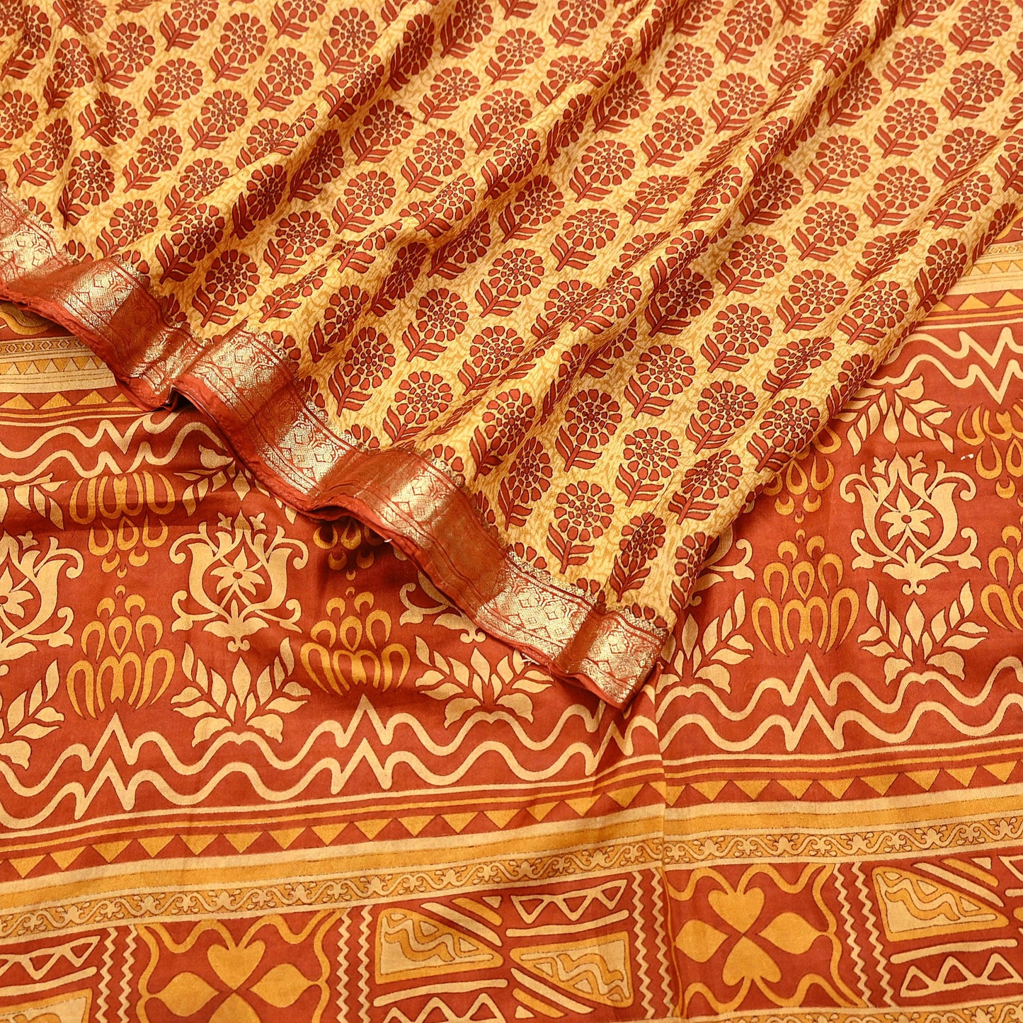 Vintage Beige & Orange Pure Silk Saree Indian Printed Silk Fabric 5 Yards Boho Craft Material for Sewing, Quilting, Dressmaking, Upcycling
