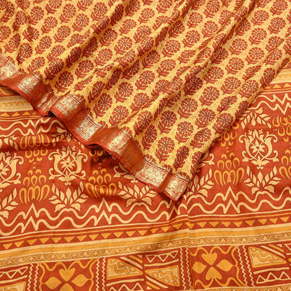 Vintage Beige & Orange Pure Silk Saree Indian Printed Silk Fabric 5 Yards Boho Craft Material for Sewing, Quilting, Dressmaking, Upcycling