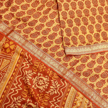 Vintage Beige & Orange Pure Silk Saree Indian Printed Silk Fabric 5 Yards Boho Craft Material for Sewing, Quilting, Dressmaking, Upcycling