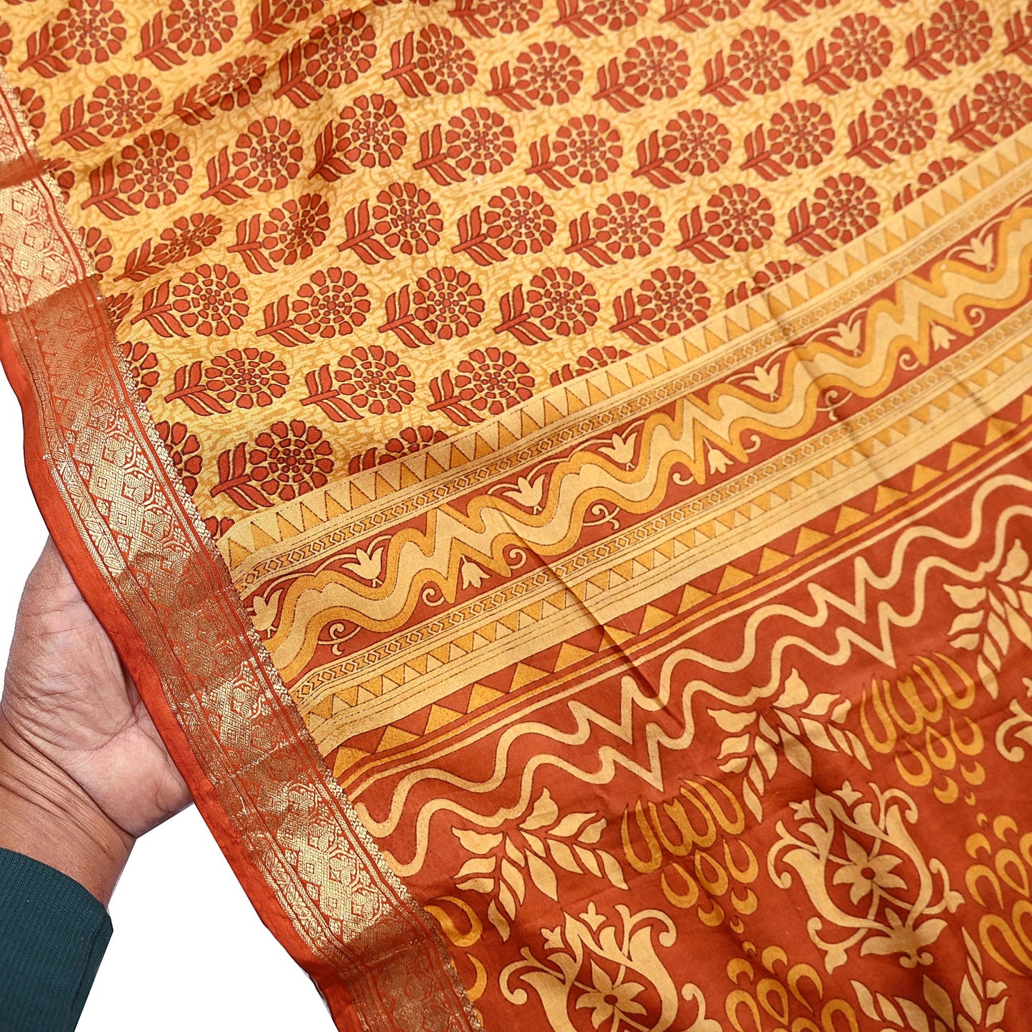 Vintage Beige & Orange Pure Silk Saree Indian Printed Silk Fabric 5 Yards Boho Craft Material for Sewing, Quilting, Dressmaking, Upcycling