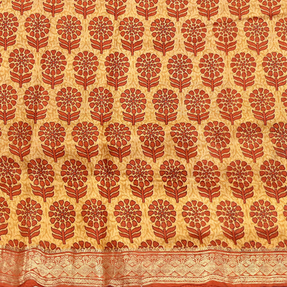 Vintage Beige & Orange Pure Silk Saree Indian Printed Silk Fabric 5 Yards Boho Craft Material for Sewing, Quilting, Dressmaking, Upcycling