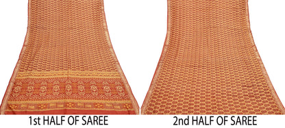 Vintage Beige & Orange Pure Silk Saree Indian Printed Silk Fabric 5 Yards Boho Craft Material for Sewing, Quilting, Dressmaking, Upcycling