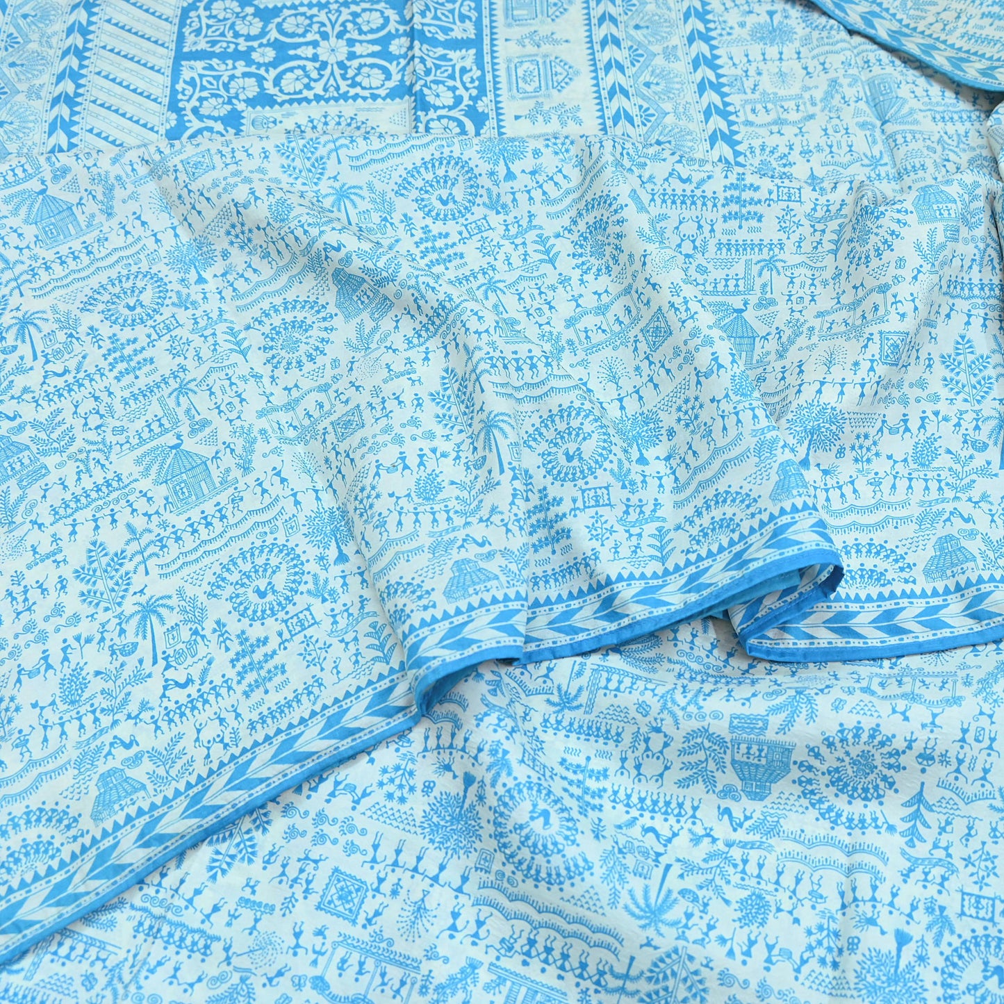 Indian Vintage Sari white & blue Pure Silk warli Printed Saree 5yd Sewing Paisley Craft Fabric DressMaking Soft Used Upcycled