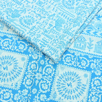 Indian Vintage Sari white & blue Pure Silk warli Printed Saree 5yd Sewing Paisley Craft Fabric DressMaking Soft Used Upcycled
