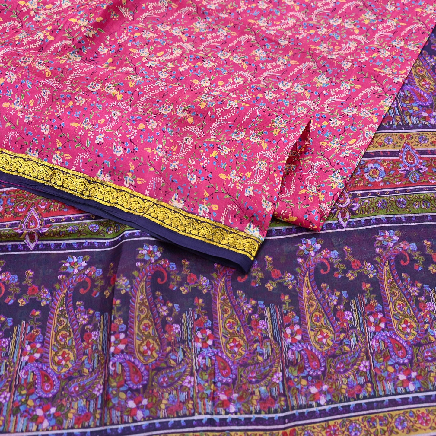 Vintage Blue & pink Pure Silk Saree Indian Printed Silk Fabric 5 Yards Boho Craft Material for Sewing, Quilting, Dressmaking, Upcycling