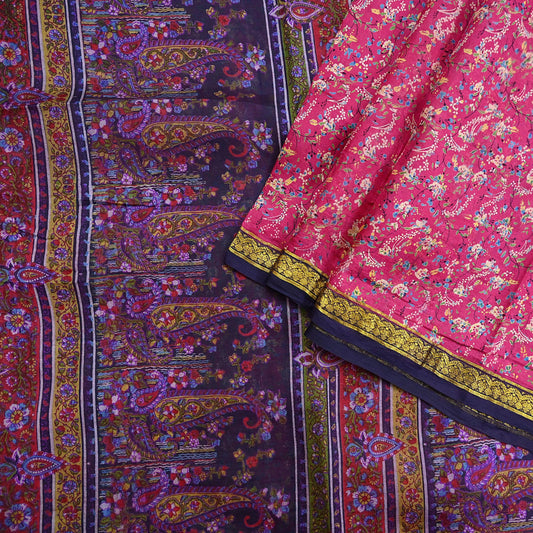 Vintage Blue & pink Pure Silk Saree Indian Printed Silk Fabric 5 Yards Boho Craft Material for Sewing, Quilting, Dressmaking, Upcycling