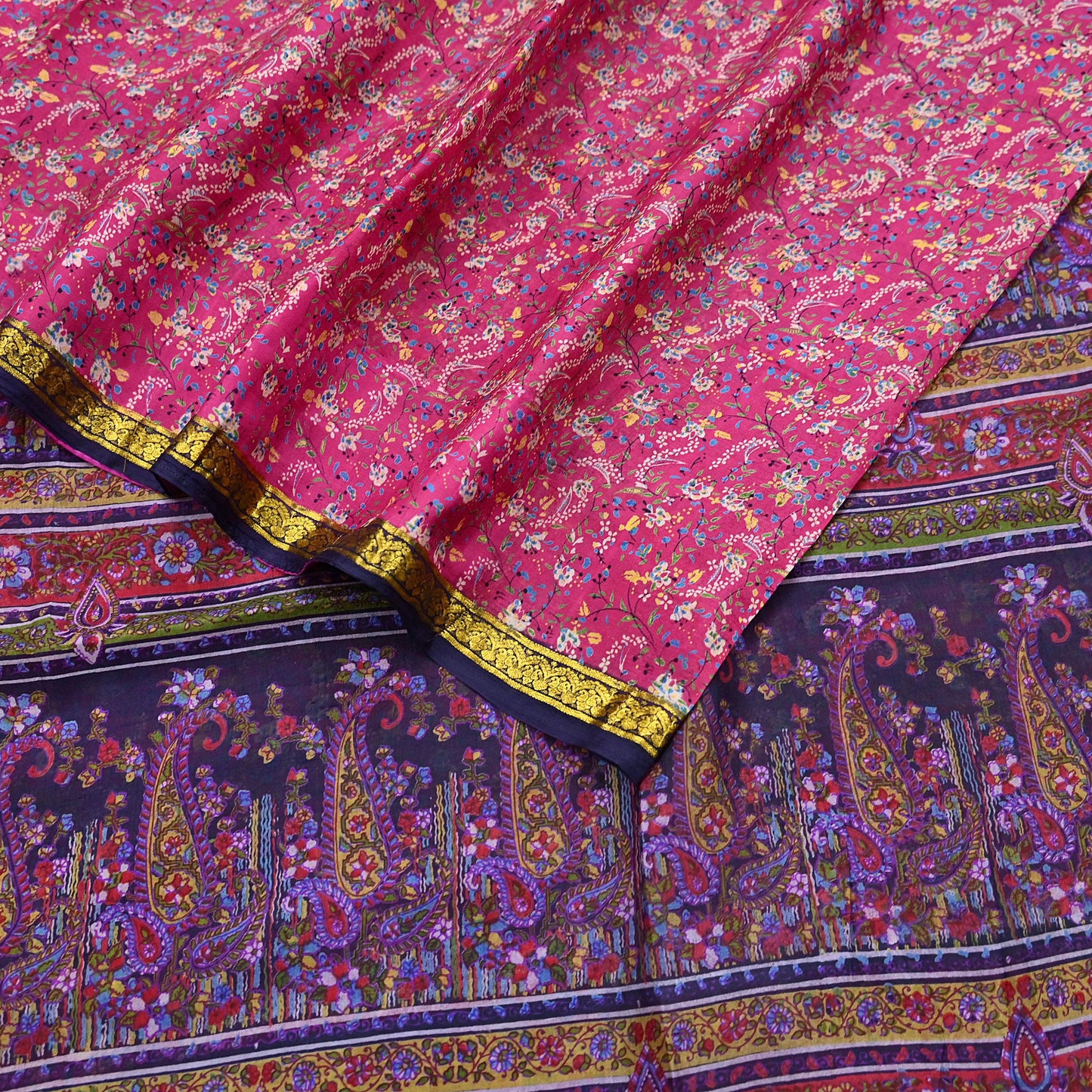 Vintage Blue & pink Pure Silk Saree Indian Printed Silk Fabric 5 Yards Boho Craft Material for Sewing, Quilting, Dressmaking, Upcycling
