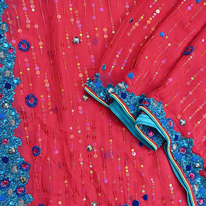 Indian Vintage Dupatta Pink Long Stole Pure Georgette Silk Hand Embroidered Scarves Veil Hijab Floral Zari Dabka Zardozi