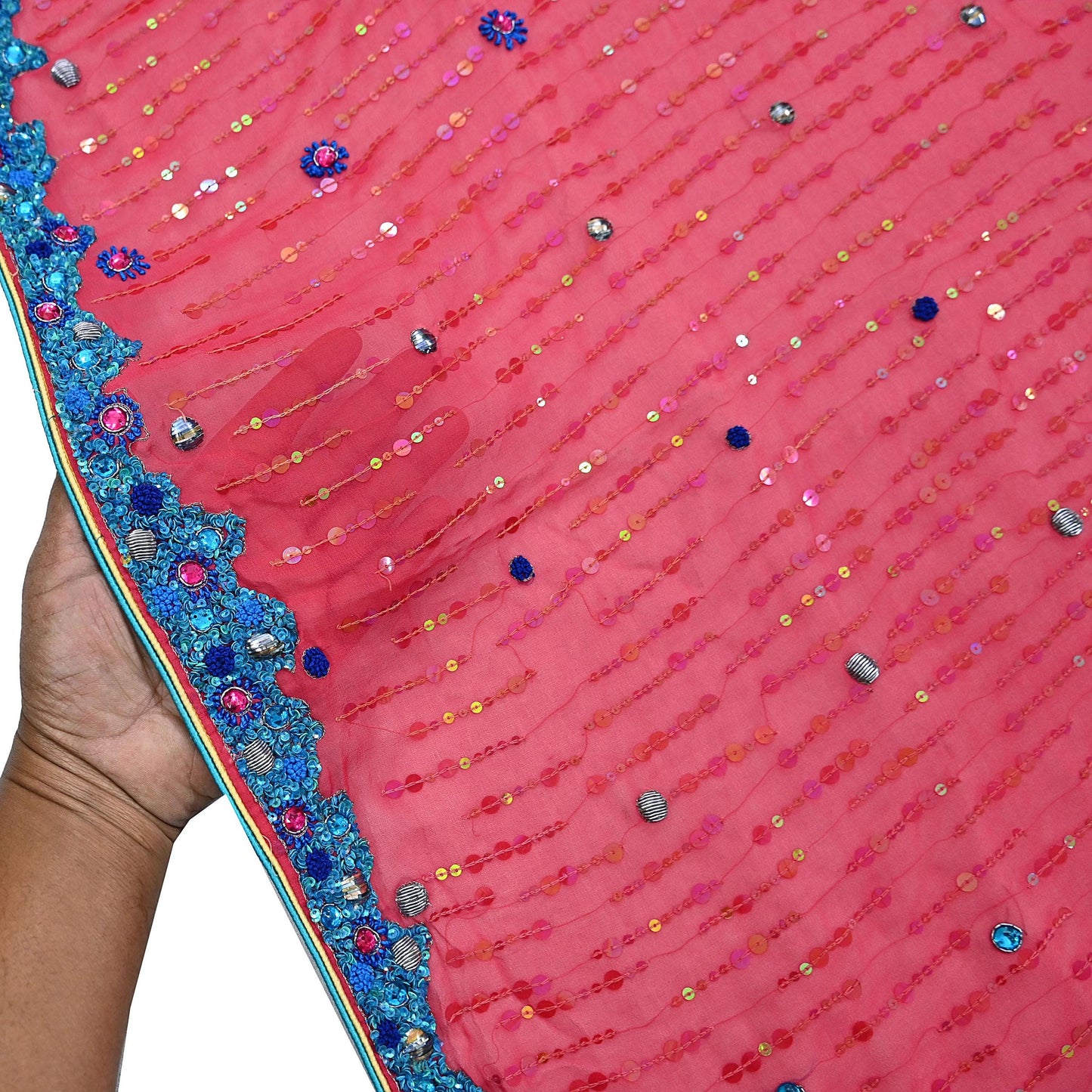 Indian Vintage Dupatta Pink Long Stole Pure Georgette Silk Hand Embroidered Scarves Veil Hijab Floral Zari Dabka Zardozi