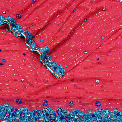 Indian Vintage Dupatta Pink Long Stole Pure Georgette Silk Hand Embroidered Scarves Veil Hijab Floral Zari Dabka Zardozi