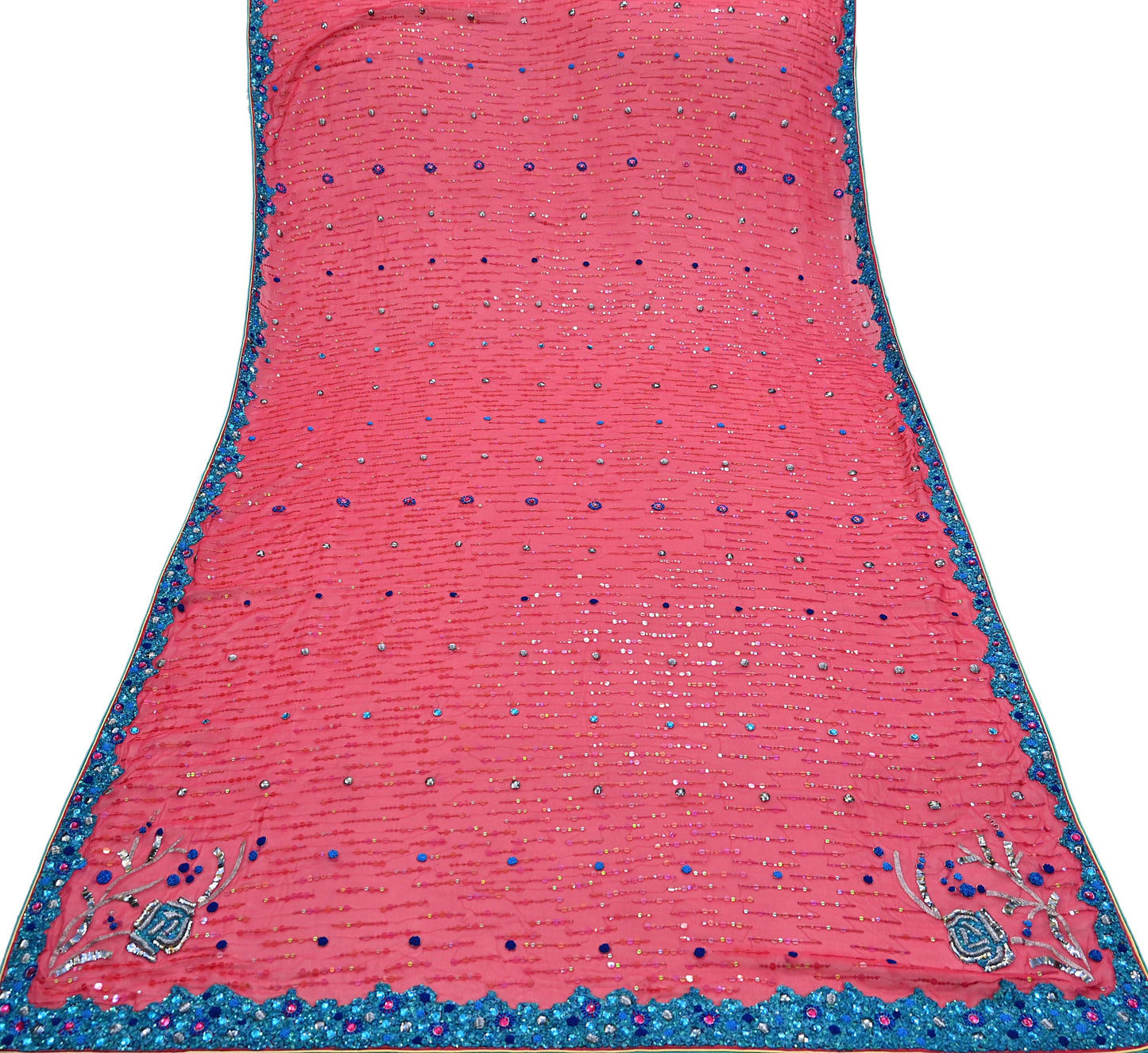 Indian Vintage Dupatta Pink Long Stole Pure Georgette Silk Hand Embroidered Scarves Veil Hijab Floral Zari Dabka Zardozi