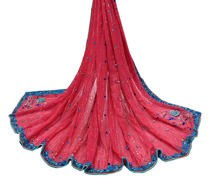 Indian Vintage Dupatta Pink Long Stole Pure Georgette Silk Hand Embroidered Scarves Veil Hijab Floral Zari Dabka Zardozi